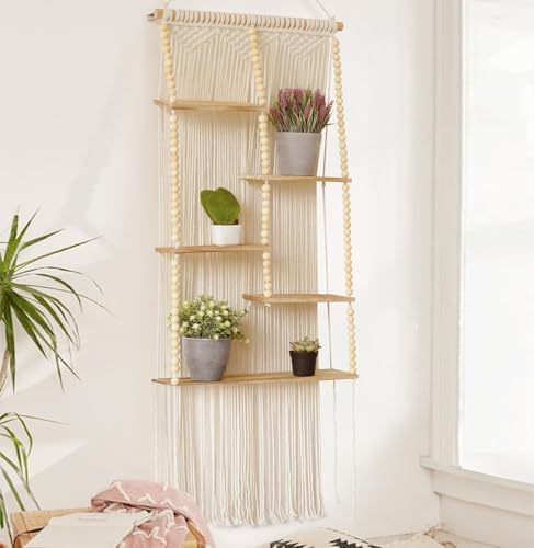 Macrame Wall Shelf Boho Hanging Organizer Floating Plant Shelf 11.8"W*47"L