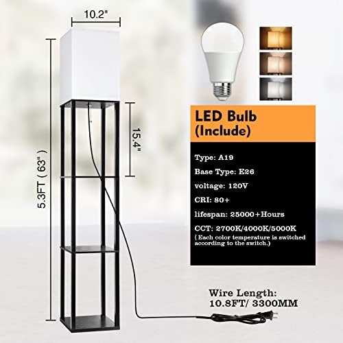 RUNTOP Floor Lamp with Shelves, Shelf Lamp with 3 Color Temperature LED Bulb,Floor-Lamp for Living Room, Modern Tall Standing Display Shelf Floor Lamps for Bedroom, Office (Black)
