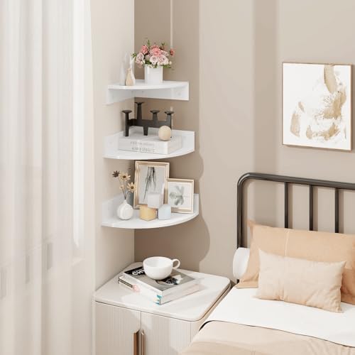 Homode Floating Corner Shelves, Set of 3 Wood Corner Wall Shelves with Wire Hole, 12 Inch Deep Hanging Corner Display Shelf for Living Room, Kitchen, Bedroom, White