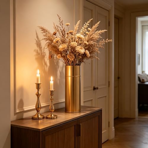 Hosley Gold Metal Tall Floor Vase with PVC Liner, 4-Inch Dia x 14-Inch H, Large Decorative Vase for Home Decor, Ideal for Floral Arrangements, Weddings, Parties, and Living Room Corner Decor