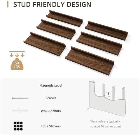 Acovy Floating Shelves Set of 6, 24 Inch Wall Mounted Picture Ledge Shelf with Lip, Walnut Display Shelves for Living Room, Bedroom, Nursery, Bathroom & Kitchen