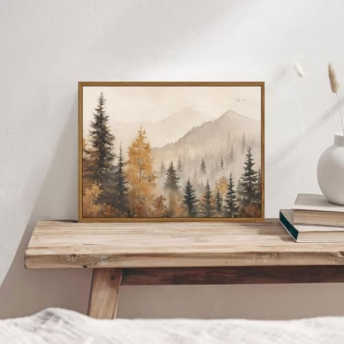 OIQArtOIQ Vintage Framed Wall Art Autumn Mountain Landscape Canvas Art Prints Fall Forest Rustic Farmhouse Pictures Wall Decor Modern Cottagecore Paintings Artwork For Bedroom Bathroom Living Room