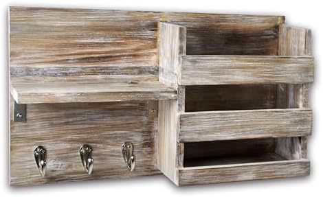 Rustic Wall Key Holder & Mail Sorter with 3 Hooks & Shelf