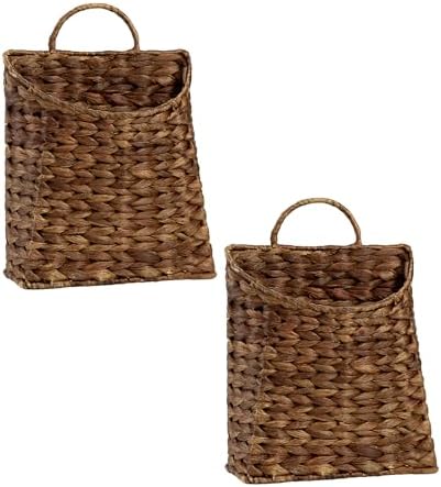 PINXIURY Water Hyacinth Hand Woven Basket, Wicker Hanging Wall Basket, Handmade Decor Storage Organizer for Entryway, Bathroom, Living Room, Farmhouse, Front Door, 8.7 x 4.7 x 11.4 inch, Coffee 2pack
