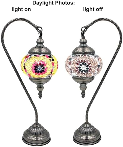 SILVERFEVER Handcrafted Mosaic Turkish Lamp Moroccan Glass Table Desk Bedside Light Bronze Base with E12 Bulb (Yellow Starburst Burst)