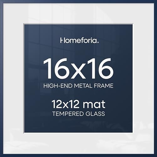 Homeforia 16x16 Blue Picture Frame, High-End Metal, 12x12 Mat, Glass