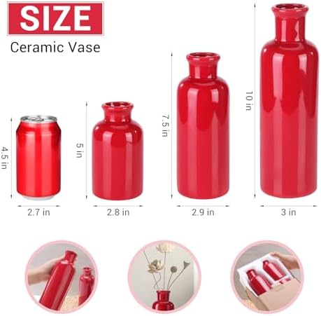 Small Ceramic Vase Set of 3, Boho Modern Flower Vase Room Decor, Farmhouse Decor, Vases for Your Kitchen, Bathroom, Bedroom, Living Room, Office&Shelf Centerpiece Table Decorations, Red