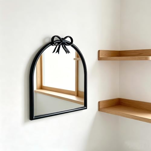 9.8-inch x 9.8-inch Arched Plastic wall Mirror with Bow at top, Modern Decorative Mirror, Small Arched wall Mirror Suitable for entryways and hallways (Black, 9.8x9.8 inch)