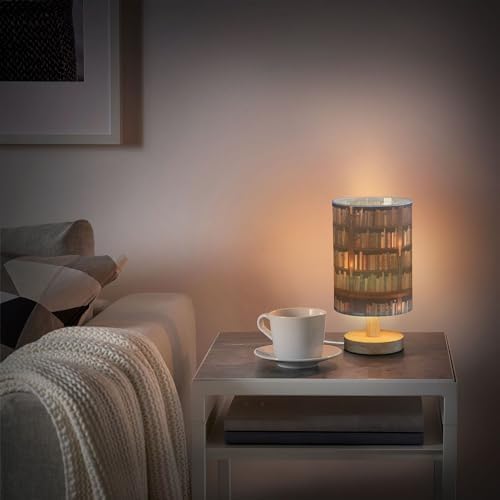 Table Lamp Library Bookshelf Book Candle Nightstand Lamp with Wood Base Fabric Lamp Shade Bedside Desk Lamp for Living Room Bedroom Kids Room Office