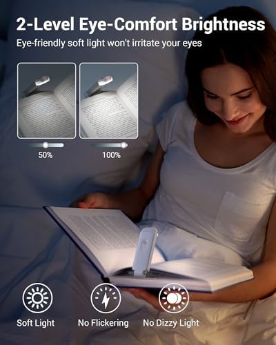 DEWENWILS Book Reading Light with Clip, USB Rechargeable Booklight for Reading in Bed, Eye Care LED Book Lamp for Kids, Bookworms,2 Brightness Levels (White)