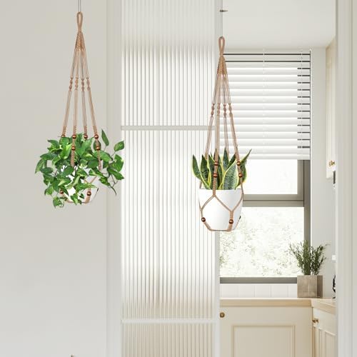 LEWESU Jute Macrame Plant Hanger Indoor Set of 2 Hanging Planter Basket Flower Pot Holder with Decorative Wood Beads & No Tassels for Indoor Outdoor Boho Home Decor, 35 Inch Brown (Pots Not Included)
