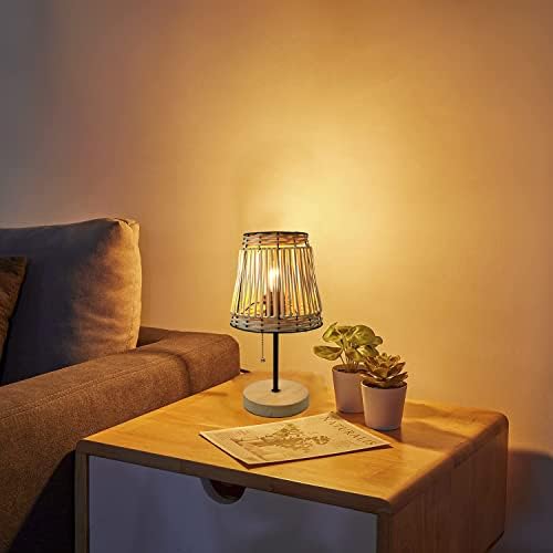 Handmade Bohemian Rattan Bedroom Small Table Lamp,with White Rattan Lamp Shade (Natural Vine Color) with Pull Chain Lamp Holder,E26 Bulb Included