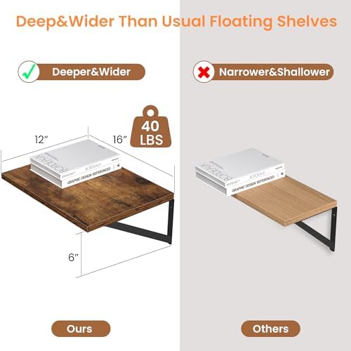 Heimlove 16W x 12D Deep Floating Shelves Set of 2 Rustic Brown
