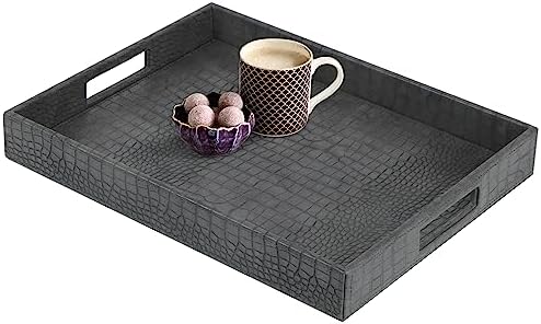 HofferRuffer Rectangle Serving Tray with Hole Handles for Coffee Table, Breakfast, Tea, Food, Butler - Countertop, Kitchen, Vanity Serve Tray, 16.2 x 12.2 x 2 inches, Faux Leather Tray (Dark Grey)