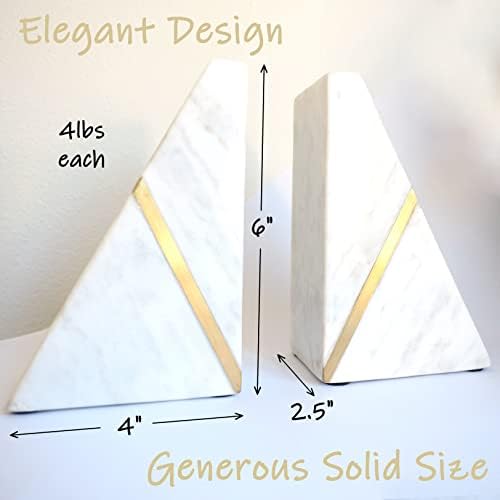 Marble Bookends Handcrafted Heavy Marble Triangular Bookshelf Decor Brass Inlay Set of 2 Decorative Bookends Book Stoppers with Non-Skid Bottom Solid Home Kitchen Office Shelves Triangle