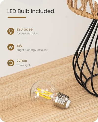 Rattan Table Lamp, Boho Table Lamp, Small Bedside Lamp, Handwoven Paper Lampshade, 2700K LED Bulb Included, Boho Desk Lamp, Modern Nightstand Lamp for Bedroom, Living Room, HW06TL05