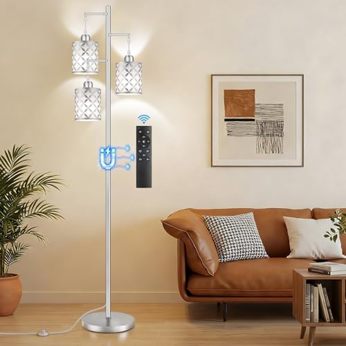72" Dimmable Floor Lamp with Remote & Timer, Modern Minimalist Standing Lamp for Living Room Bedroom, 3 Individually Controlled Heads, 2 Height Options, 3x 1100LM LED Bulbs Included -Silver