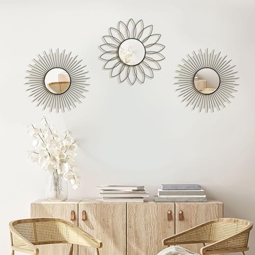 3 Pack Metal Mirrors for Wall Sunburst Wall Mirrors Home Décor Decorative Hanging Wall Art for Living Room Bedroom Entryway (Black2, Flower+Sunburst)