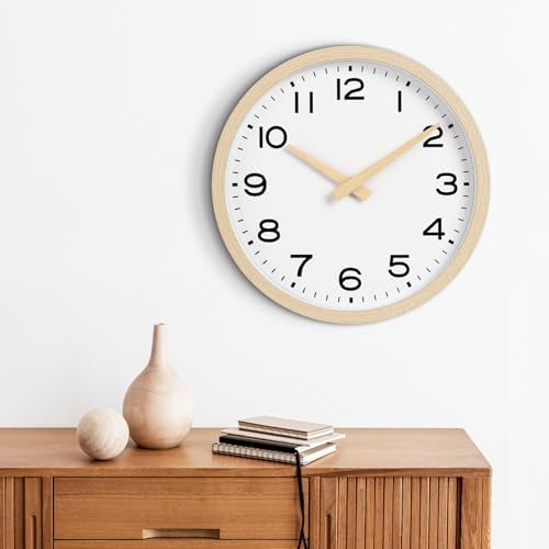 AKCISOT 14 Inch Wall Clock, Silent Battery Operated Analog Clock, Natural | Classroom | Office | Kitchen | Living Room | Garage | Shop | Large Size | Easy-to-read numbers