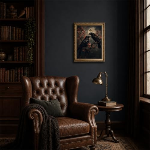 Gold Framed Gothic Raven Wall Art Dark Academia Canvas Art Prints | Vintage Crow Cherry Blossom Paintings Moody Full Moon Pictures Wall Decor Artwork for Living Room Bedroom 8x10in