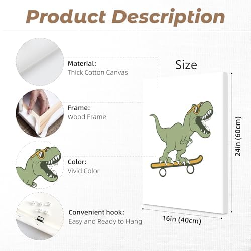 Nursery Dinosaur Wall Art Prints Set of 3 Boys Room Canvas Wall Decor Toddler Kids Wall Art Prints Dinosaur Skateboard Pictures Poster Boys Dino Artwork Decor for Bedroom 16x24 Inch Wrapped Canvas