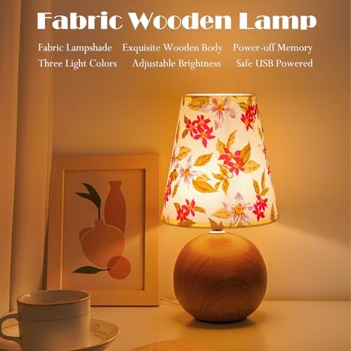 Vintage Wooden Night Lamp, Wood Base Fabric Lampshade, Adjustable Light Color and Brightness with Power-Off Memory, Safe USB Powered, Retro LED Table Light for Bedroom Living Room Office (Red Flowers)