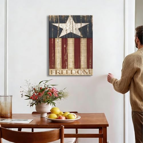 Rustic Patriotic Freedom Flag Canvas Art 12x18in, Vintage American Flag Wall Decor, 4th of July Independence Day Framed Prints, Artwork for Home, Kitchen & Office, Made in USA