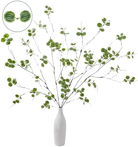 4 Pcs 38.5" Tall All-Green Artificial Branches with Leaves, Realistic Faux Ficus Greenery Stems, Bendable Fake Plant Twigs for Tall Floor Vases, Home Centerpiece, Office & Spring Decor (MN Watermelon)