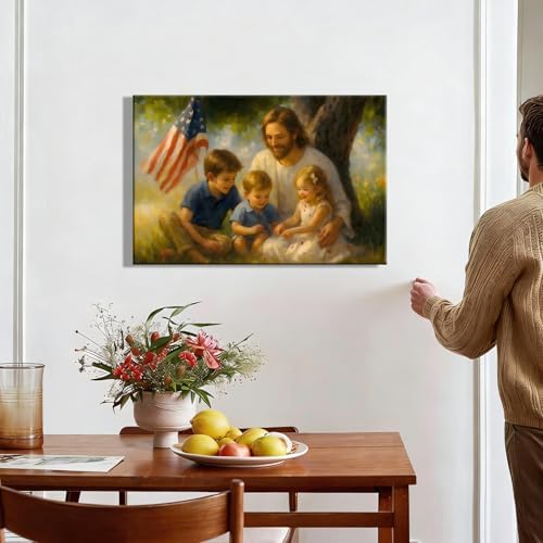 RIBNTAK Made in USA Patriotic Christian Wall Art, Jesus with Kids and US Flag Canvas Print, Inspirational Religious Home Decor for 4th of July, Memorial Day, and Christian Family Gifts