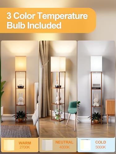 PARTPHONER Floor Lamp with Shelves for Living Room Walnut Brown 2 Pack, Shelf Floor Lamp with 3 CCT LED Bulb, Corner Display Standing Column Lamp Etagere Organizer Tower Nightstand for Bedroom