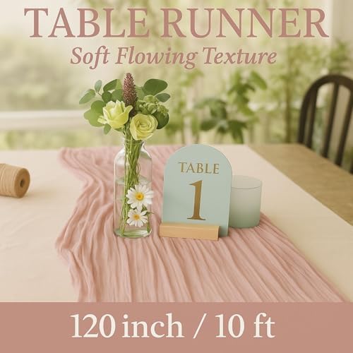 12 Pack Dusty Pink Cheesecloth Table Runners – 10FT Blush Gauze Boho Table Decor Set for Bridal Shower, Mother’s Day Brunch, Baby Girl Party, or Romantic Wedding Reception