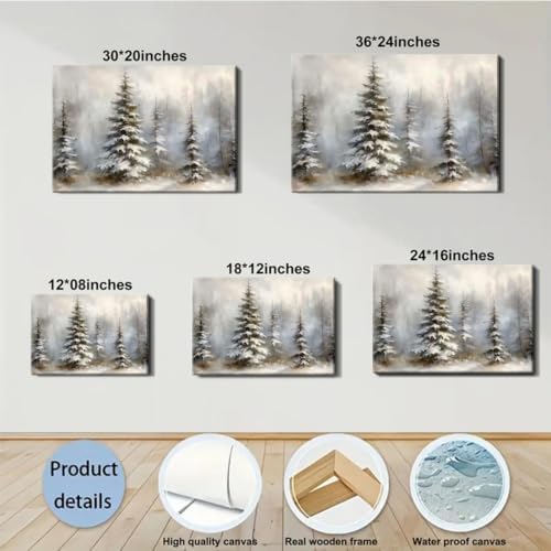 Framed Canvas Wall Art 20x30in, Vintage Snowy Christmas Tree Decor, Pine Tree Pictures for Living Room Decor, Winter Forest Paintings for Bedroom Bathroom, Holiday Decorations Gifts
