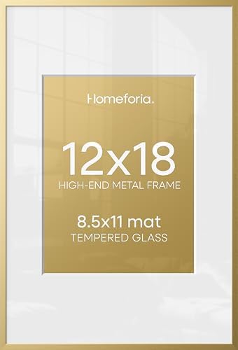Homeforia 12x18 Gold Picture Frame, High-End Metal, 8.5x11 Mat, Glass