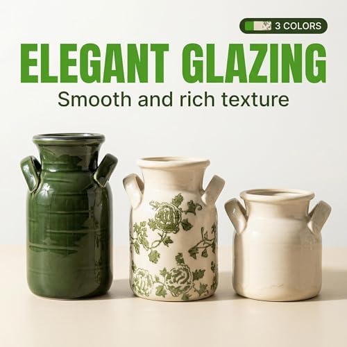 Ceramic Vase Set of 3 with Two Handles, Green White Neutral Rustic Modern Farmhouse Boho Decor, Versatile as Table Centerpiece or Mantel & Shelf Accent - Unique Home Gift Idea