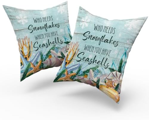 Giwawa Coastal Christmas Pillow Covers Set of 2, Blue Nautical Seashell Xmas Winter Snowflakes Throw Pillow Cases 16x16 Inch, Double Sided Square Cushion Covers for Sofa Couch Bedding Decor