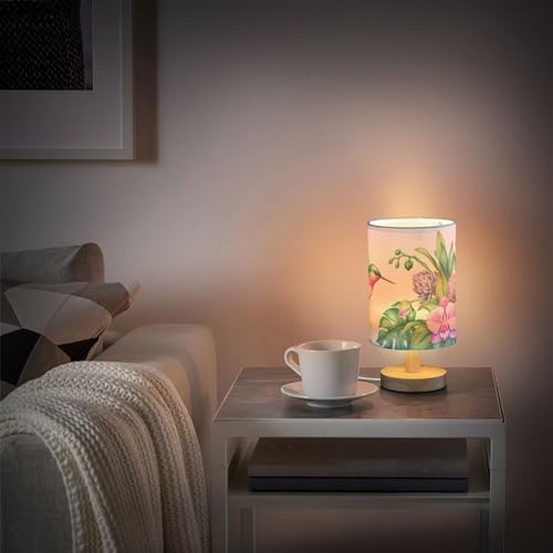 Table Lamp Flying Hummingbird Nature Tropical Orchid Flower Jungle Leaves Nightstand Lamp with Wood Base Fabric Lamp Shade Bedside Desk Lamp for Living Room Bedroom Kids Room Office
