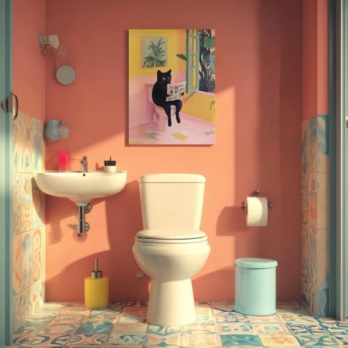 Cyebmo Funny Bathroom Wall Art, Cute Black Cat Sitting on Toilet Reading Newspaper Wall Decor, Whimsical Pink Abstract Animal Wrapped Canvas Artwork for Bathroom Kid's Restroom Bedroom 12x16 Inch