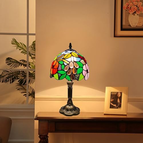 Tiffany Table Lamp,8X8X15Inch Small Antique Rose and Grape Pattern Stained Glass 3 Color Temperatures Bedside Nightstand Table Lamps for Bedroom Living Room Home Office+LED Bulb
