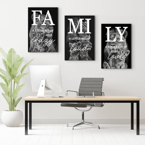 Family Wall Art Black and White Lion Pictures Wall Decor Inspirational Canvas Prints Family Sign Pictures Lioness Cub Painting Poster Modern Artwork for Bedroom Living Room Decoration 16x24" 3Pcs