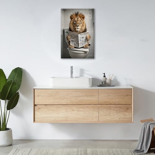 Funny Lion Bathroom Wall Art Cute Lion Toilet Wall Decor Pictures Animal Bathroom Canvas Prints Painting Home Decorations Restroom Artwork Ready to Hang Framed Gifts 16"x20"