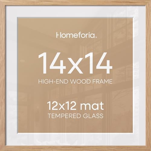 Homeforia 14x14 Natural Oak Picture Frame, High-End Wood, 12x12 Mat, Glass