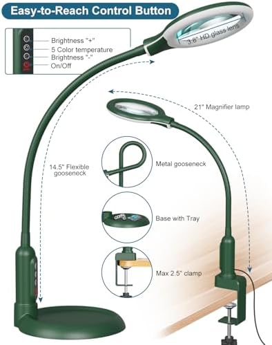 12X Magnifying Glass with Light and Stand, Real Glass, LED 5 Color Modes, Brightness Stepless Dimming Lighted Magnifier Hands Free, Flexible Gooseneck Desk Lamp with Clamp for Close Work, Craft, Green