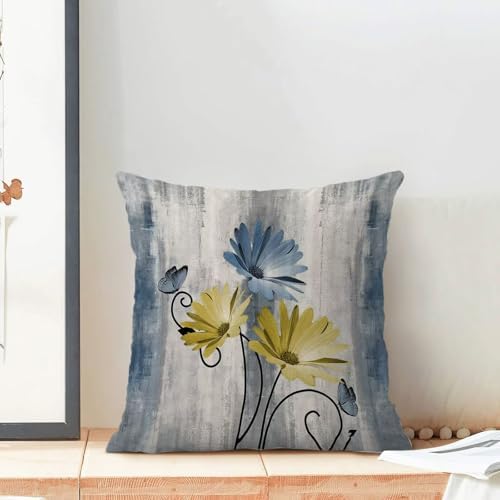 Baby Blue Yellow Floral Pillow Covers 18 x 18 Inch Set of 2 Daisy Floral Butterfly Decorative Throw Pillow Covers Linen Rustic Farmhouse Cushion Cases for Home Sofa Couch Living Room Decor