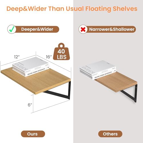 Heimlove 16W x 12D Deep Floating Shelves Set of 2 Oak
