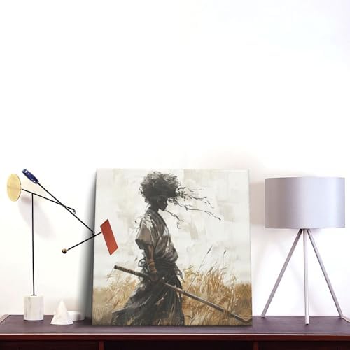 16"x16" African Samurai Canvas – Enigmatic Abstract Warrior Wall Art | Mystic African warrior dons kabuto beneath swirling abstracts. Afrofuturism meets bushido. Hook included, ready to hang.