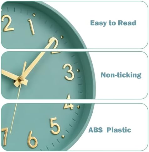 Mosewa Small 8 Inch Wall Clock Battery Operated Silent Non Ticking Analog | Mint Green modern clock; oversized 3D easy-read dial for kitchen, bedroom & office; 1 AA battery (not included)
