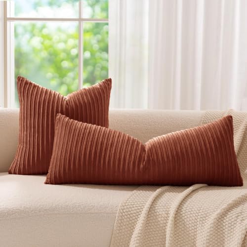 Kevin Textile Striped Corduroy 14”x36” Pillow Cover 1 Pack, Rust