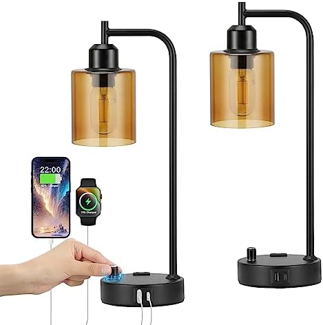 Industrial Bedside Lamps for Nightstand Set of 2 - Fully Dimmable Bedroom Lamps with USB A C Ports and Outlet, Black Table Lamps with Amber Glass Shade for Living Room, Desk Lamps for Office Reading