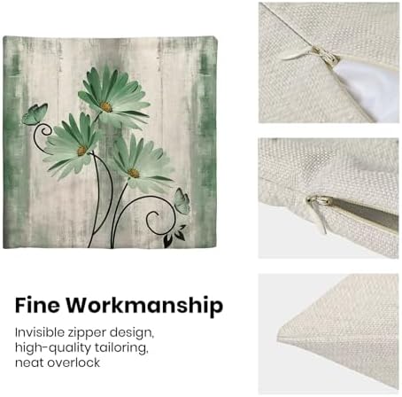 Green Floral Pillow Covers 18 x 18 Inch Set of 2 Daisy Floral Butterfly Decorative Throw Pillow Covers Linen Rustic Farmhouse Cushion Cases for Home Sofa Couch Living Room Decor