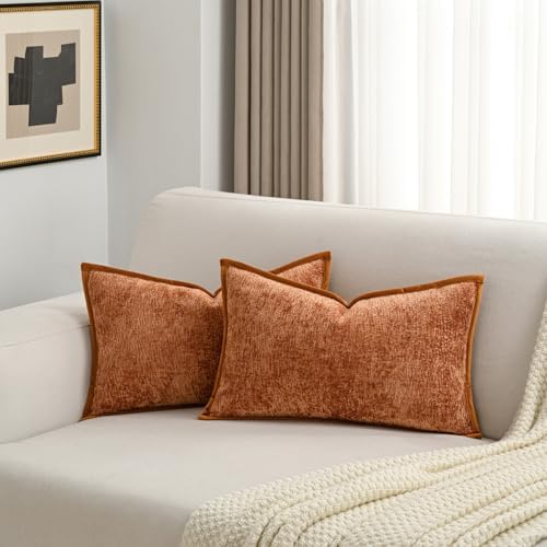 FUTEI Pack of 2 Chenille Soft Throw Pillow Covers 12x20 Inch, Rust